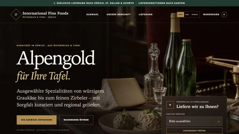 Startseite des International-Fine-Foods-Testshops mit der Überschrift Alpengold für Ihre Tafel und einer Liefergebietsprüfung