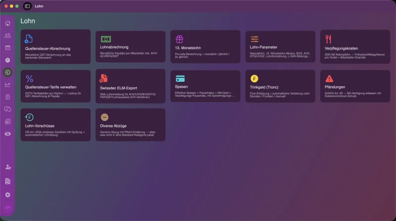 Swiftli Smart HR mit einer Lohnübersicht in einer Desktop-Oberfläche